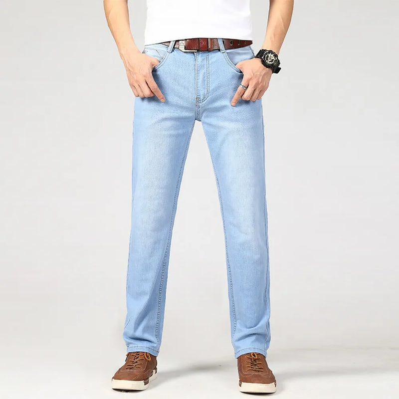 Calça jeans masculino primavera verão casual reta moda clássico denim