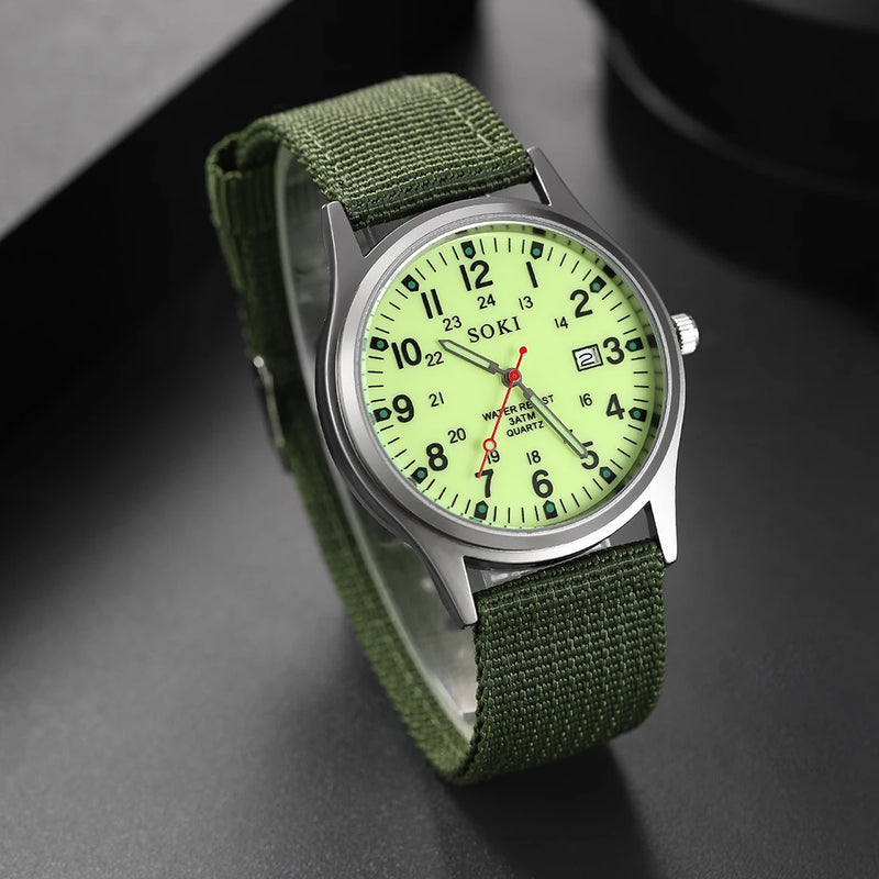 Moda masculina casual relógio SOKI luminoso de luxo militar com calendário