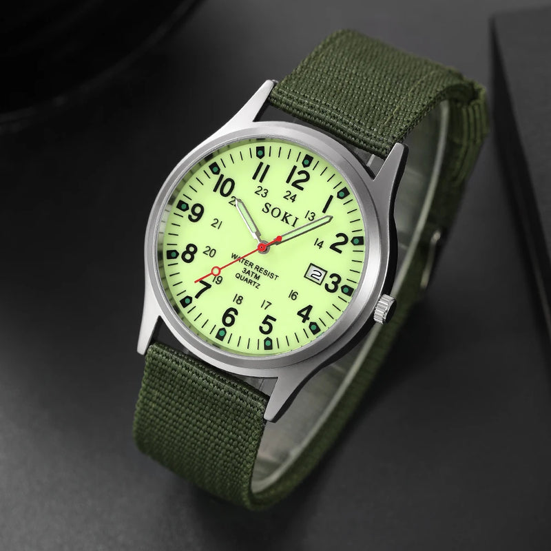 Moda masculina casual relógio SOKI luminoso de luxo militar com calendário